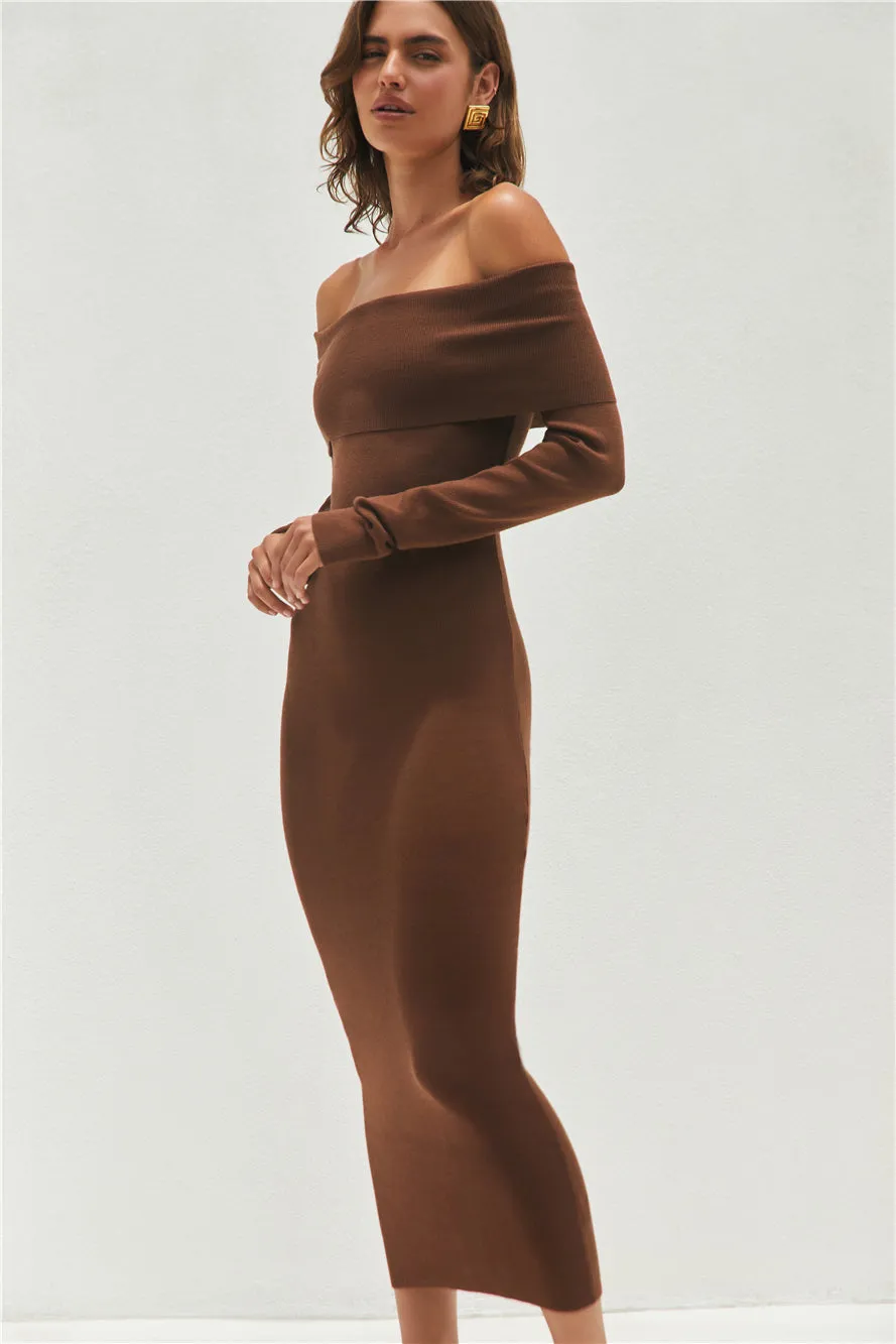 Angels Sing Off Shoulder Knit Maxi Dress Chocolate