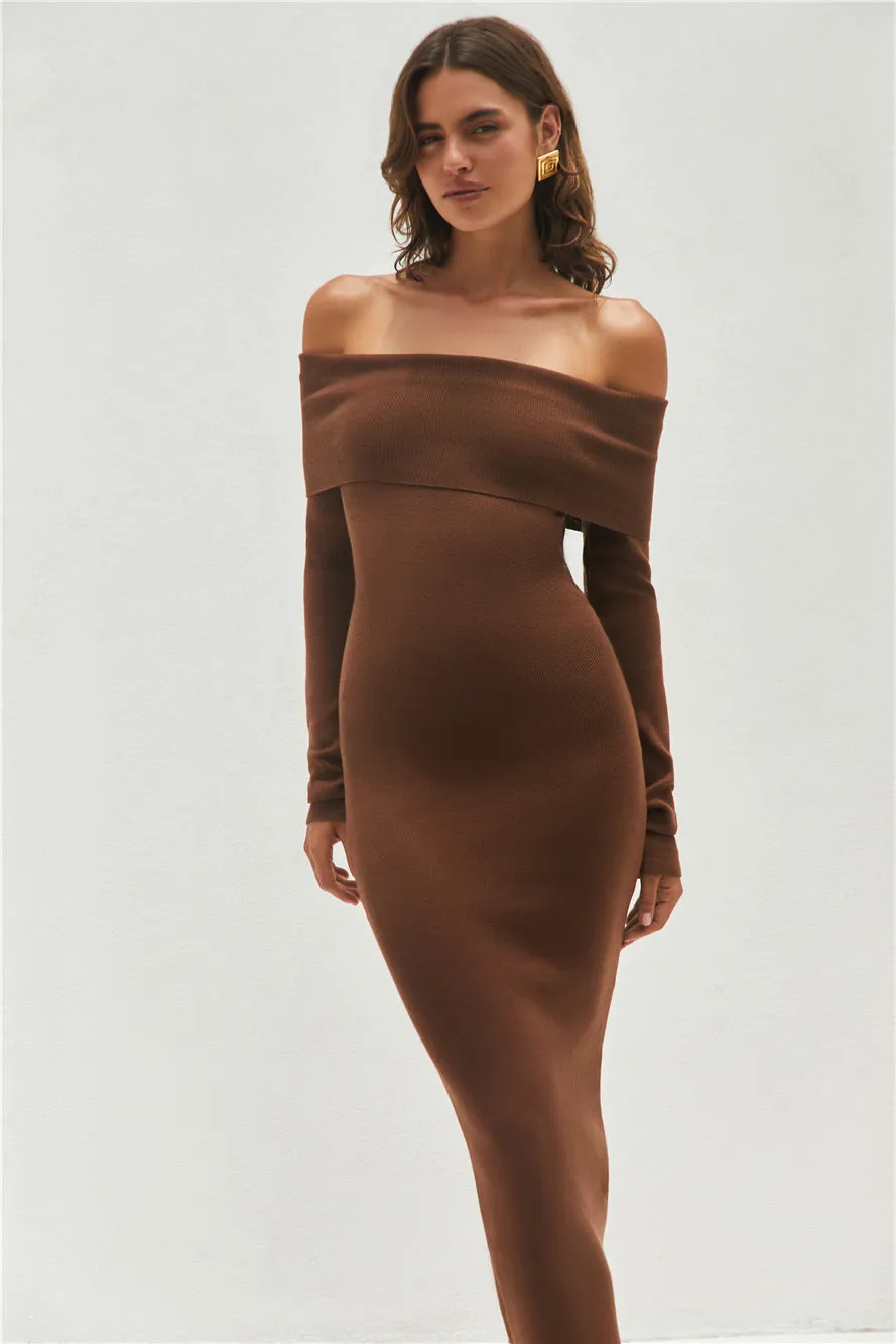 Angels Sing Off Shoulder Knit Maxi Dress Chocolate