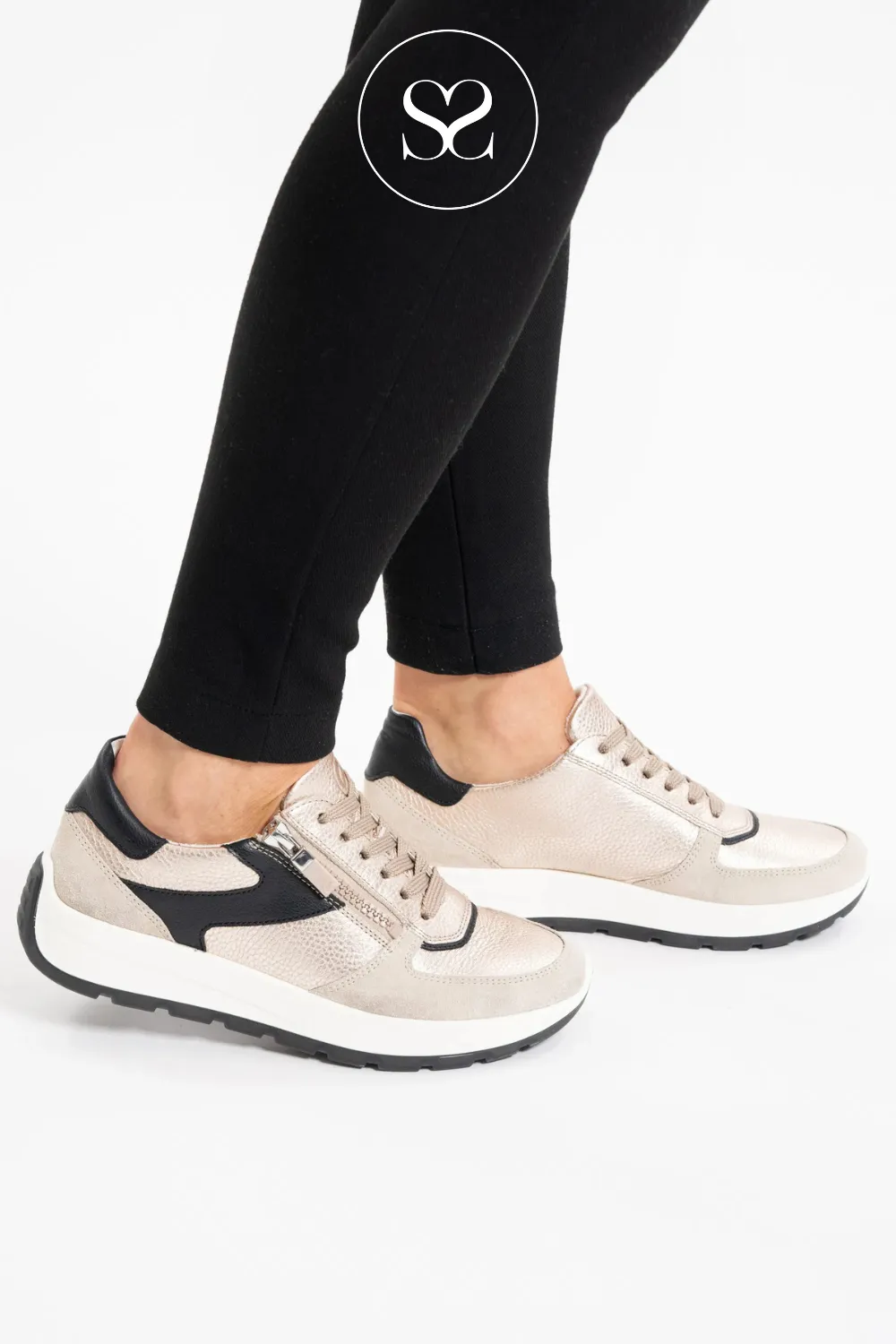 ARA 12-25112 BRONZE/CREAM/ BLACK LEATHER WEDGE TRAINERS