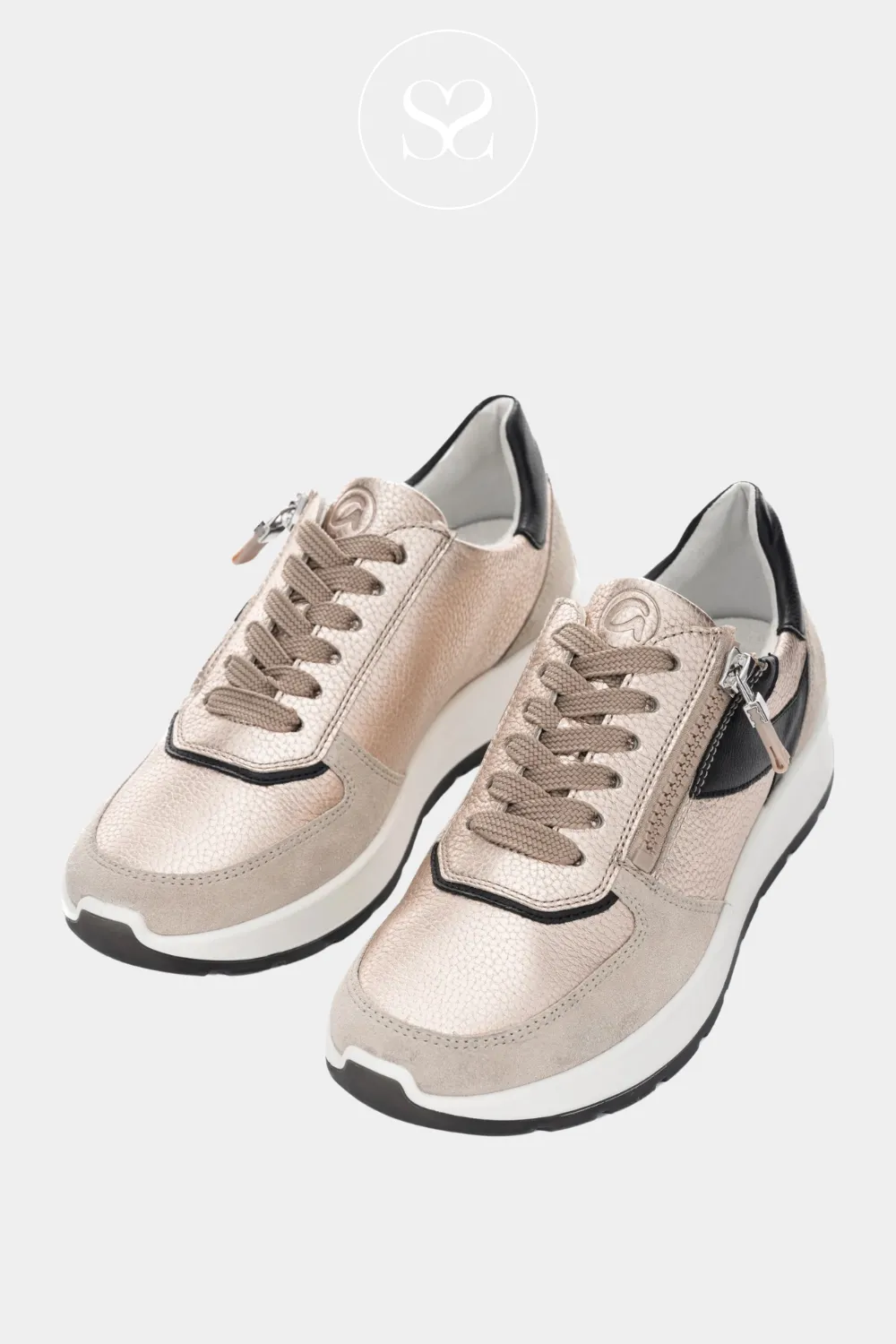 ARA 12-25112 BRONZE/CREAM/ BLACK LEATHER WEDGE TRAINERS
