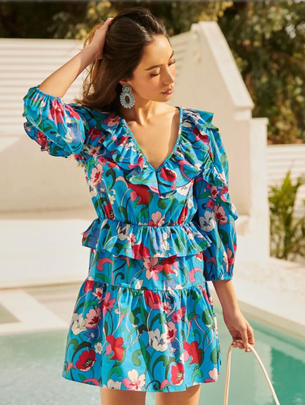 Blue/Pink Floral 3/4 Sleeve Ruffle Dress