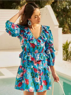 Blue/Pink Floral 3/4 Sleeve Ruffle Dress