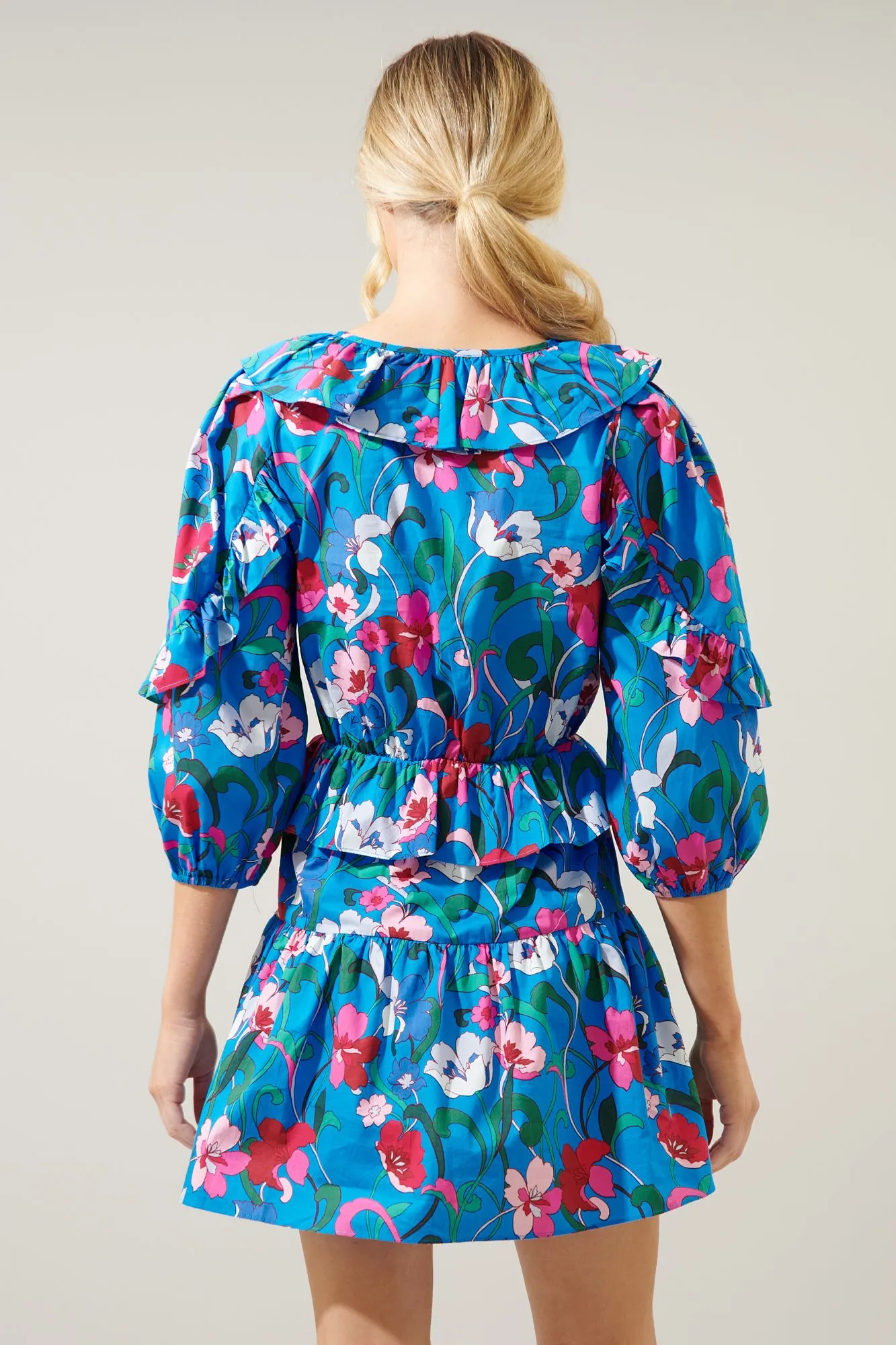 Blue/Pink Floral 3/4 Sleeve Ruffle Dress