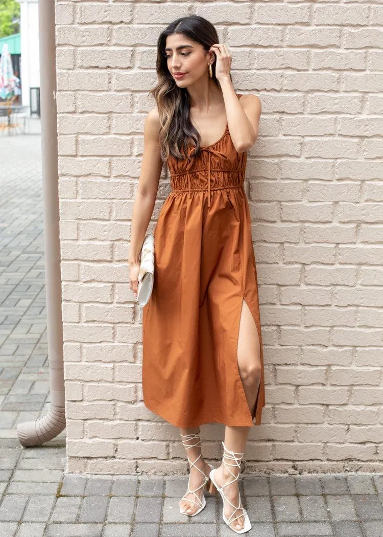 Celia Poplin Midi Dress- Rust-***FINAL S