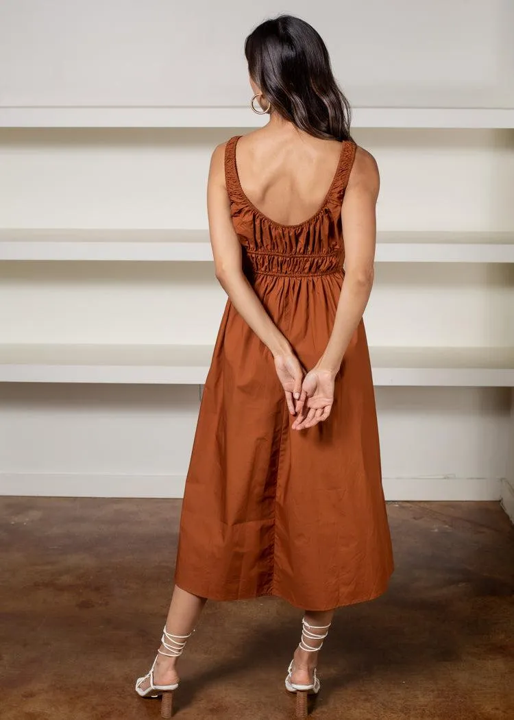 Celia Poplin Midi Dress- Rust-***FINAL S