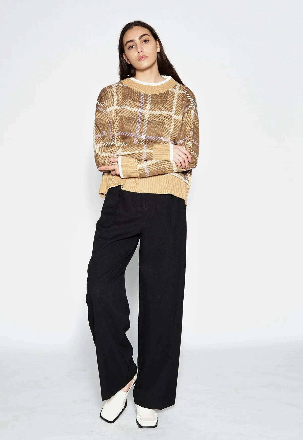 Check Unbalance Knit Top Mocha