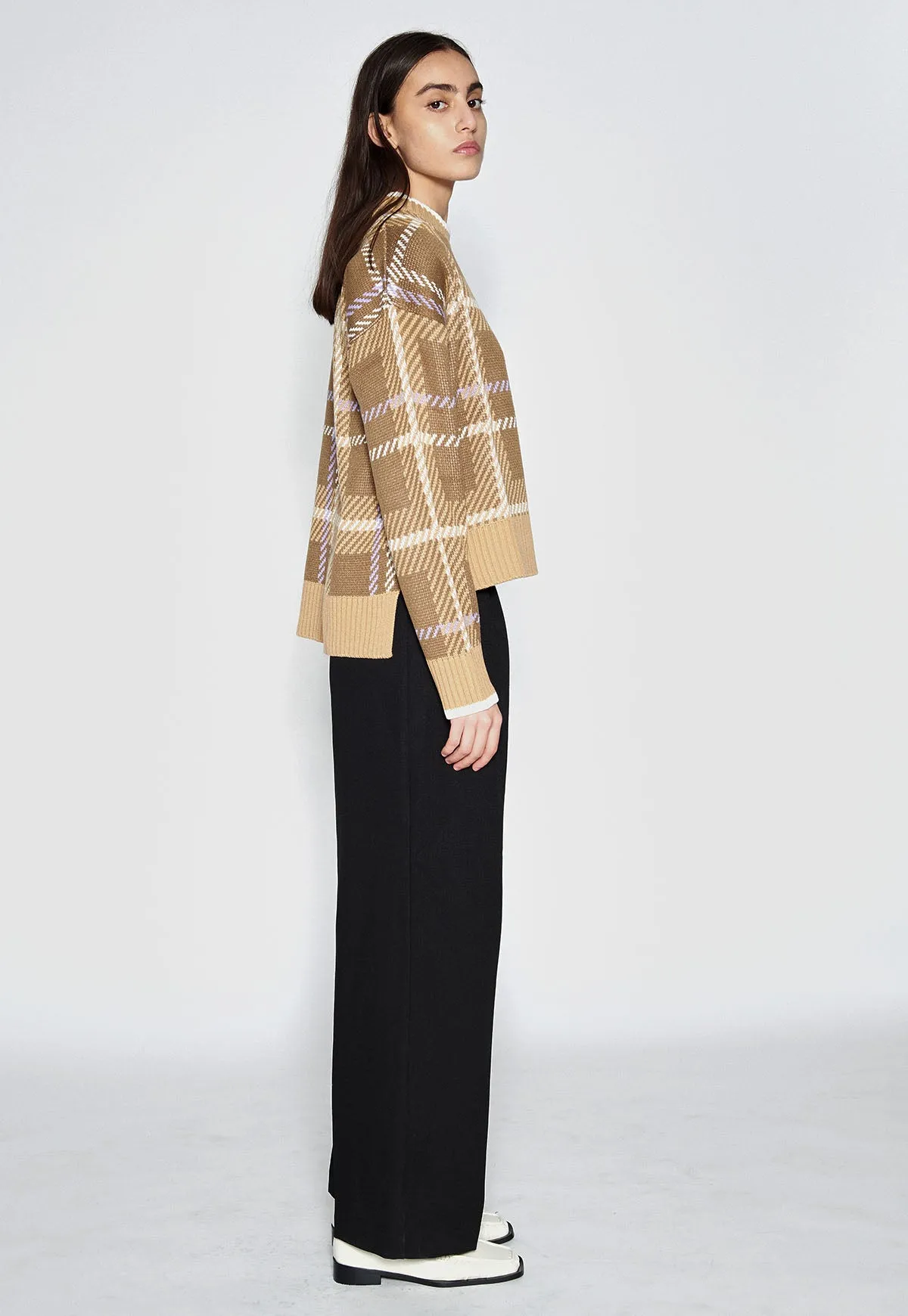 Check Unbalance Knit Top Mocha