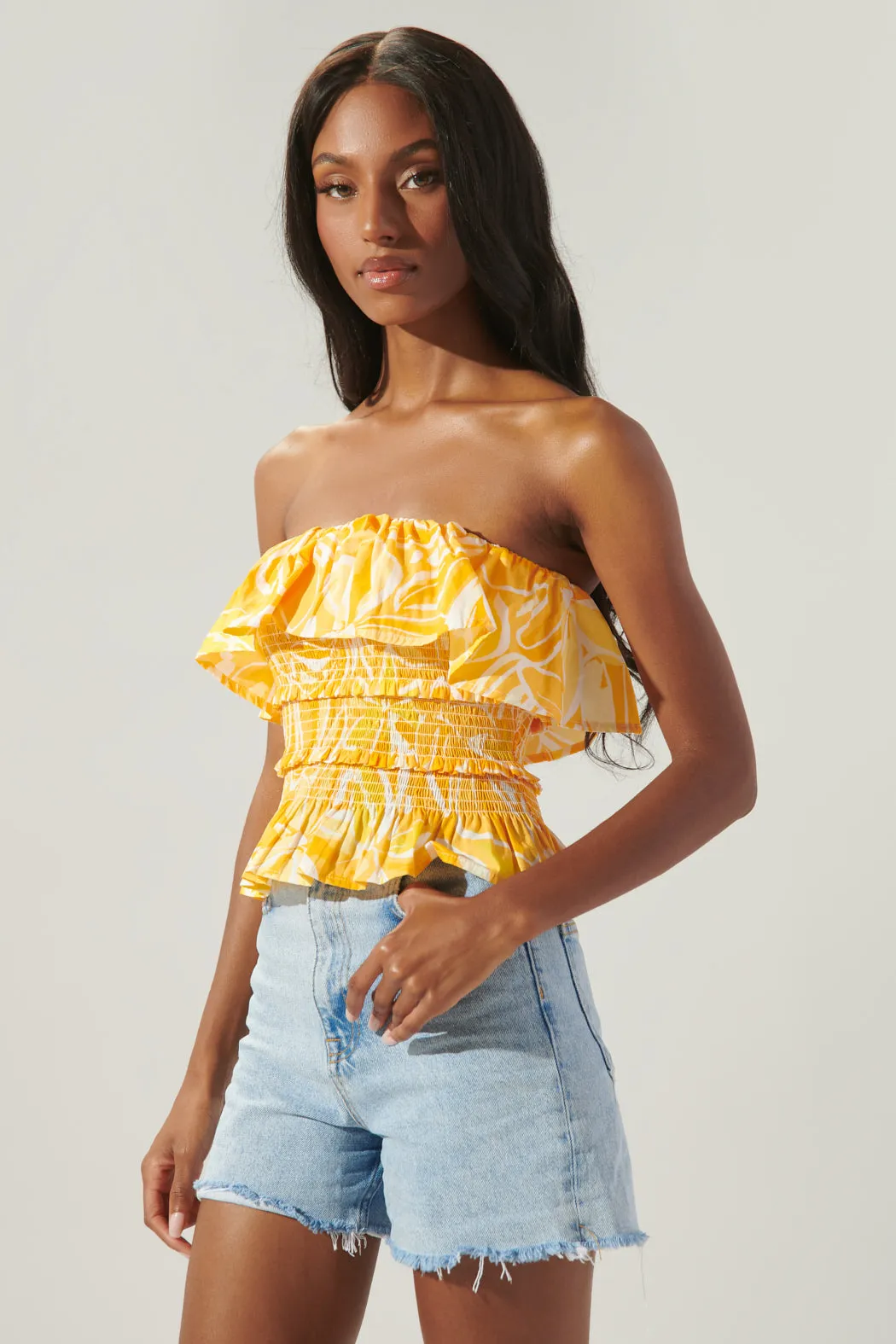 Dayglow Tropics Brienne Smocked Ruffle Tube Top