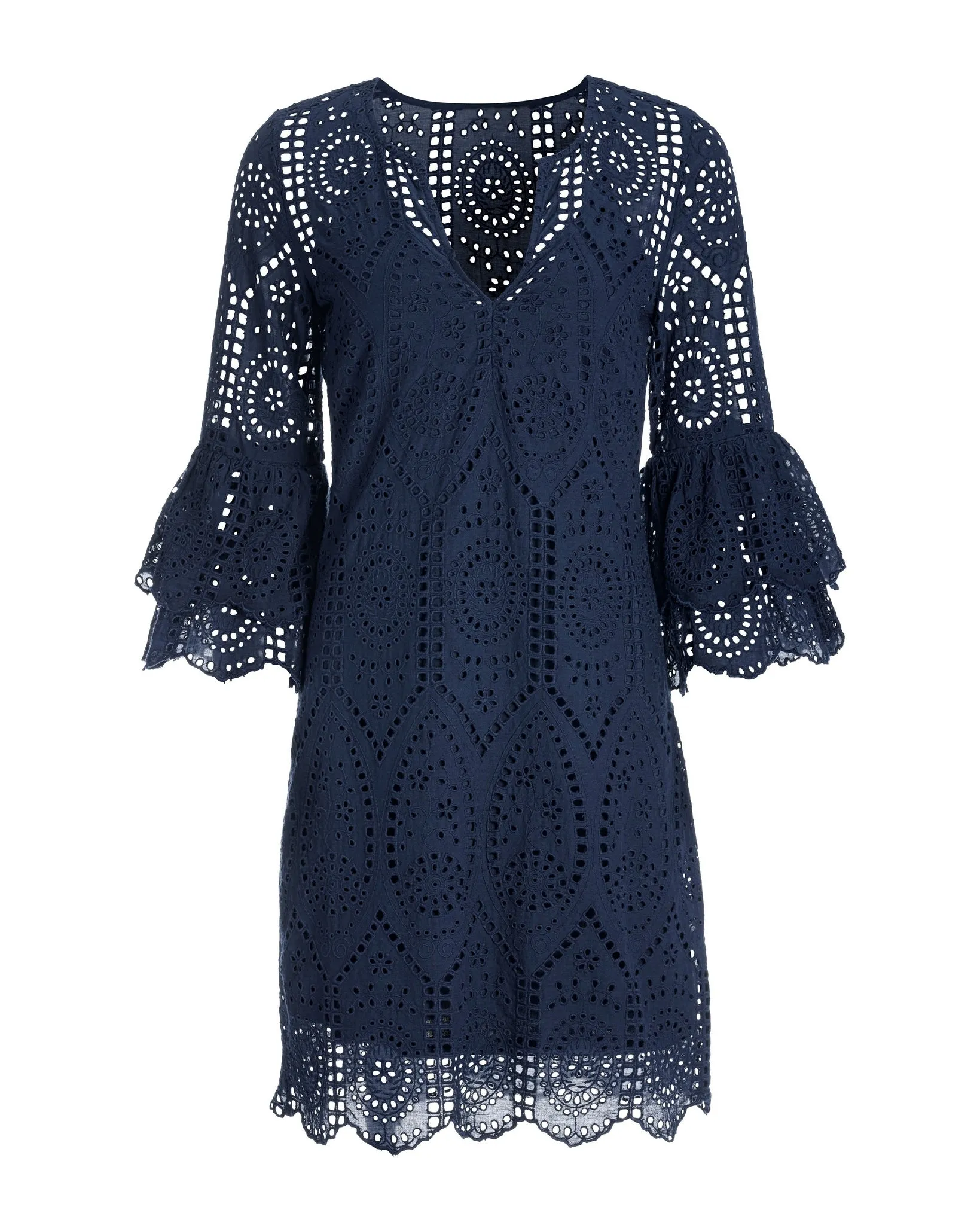 Eyelet Tiered Sleeve Tunic Dress Navy