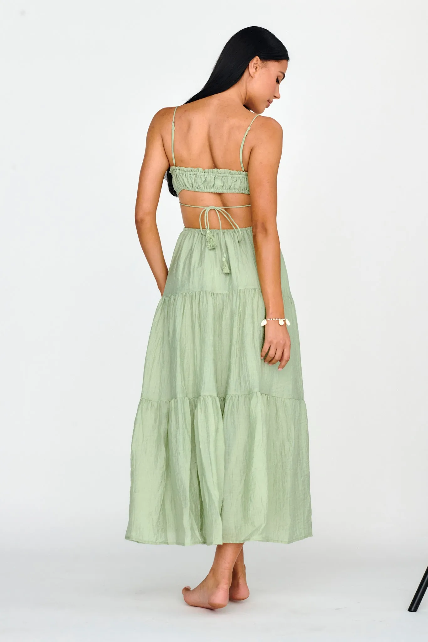Eyona Cut-Out Waist Tie Maxi Dress Sage