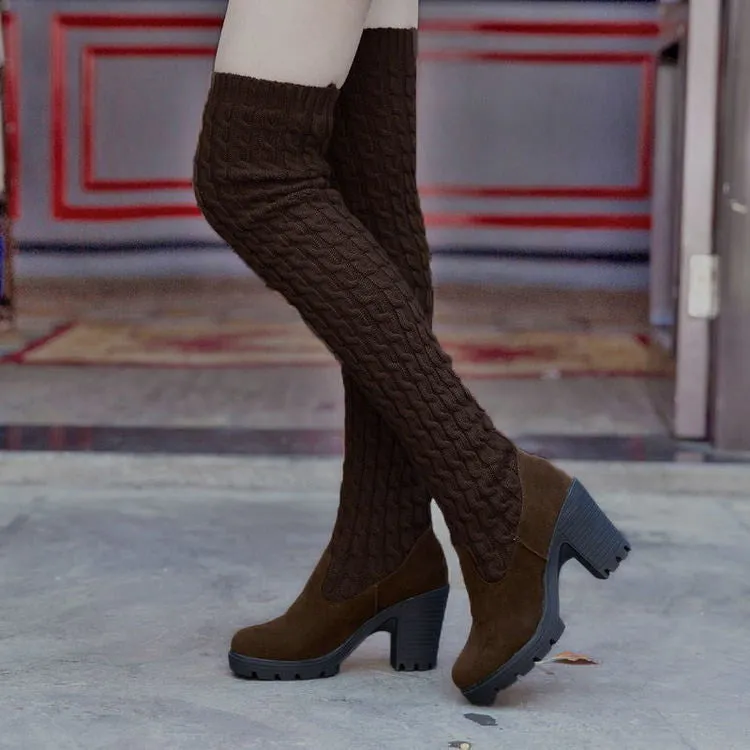 Fashion High Heeled Knee-High Wool Canister Warm Boots