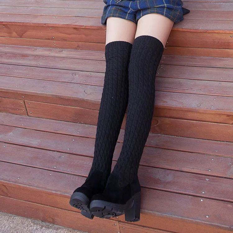 Fashion High Heeled Knee-High Wool Canister Warm Boots