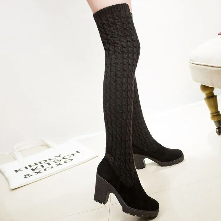 Fashion High Heeled Knee-High Wool Canister Warm Boots