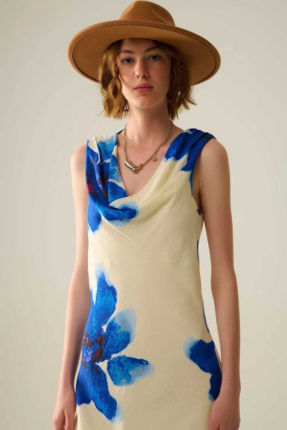 Flowy Sleeveless Blue Maxi Dress With Floral Print