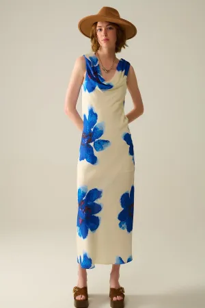 Flowy Sleeveless Blue Maxi Dress With Floral Print