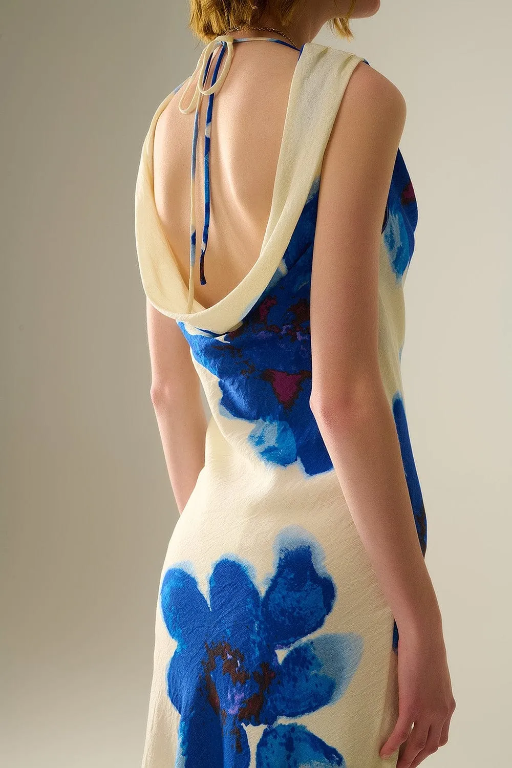 Flowy Sleeveless Blue Maxi Dress With Floral Print