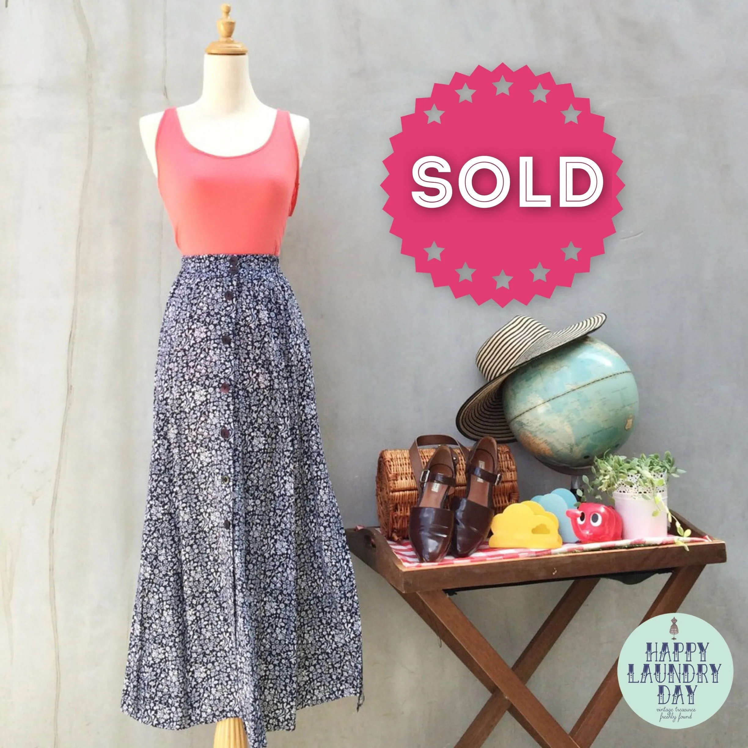 Grunge Gateway | Vintage 1980s 1990s button down Grunge Punk rock Dark blue white floral Skirt