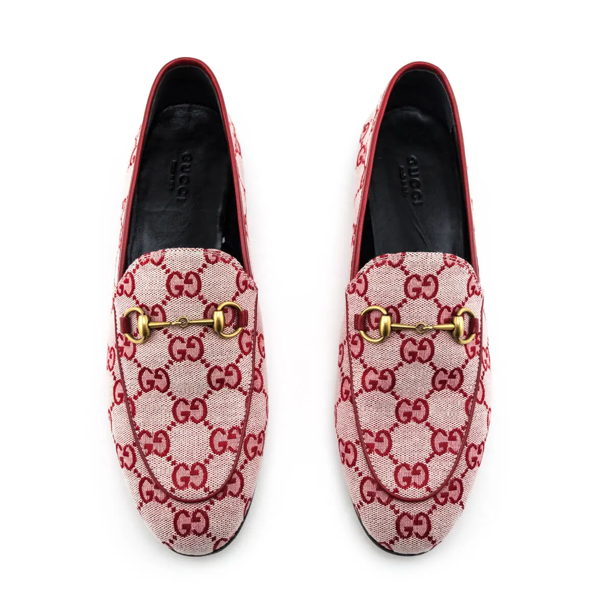 Gucci Red Canvas GG Monogram Jordaan Loafers Size US 8.5 | EU 38.5