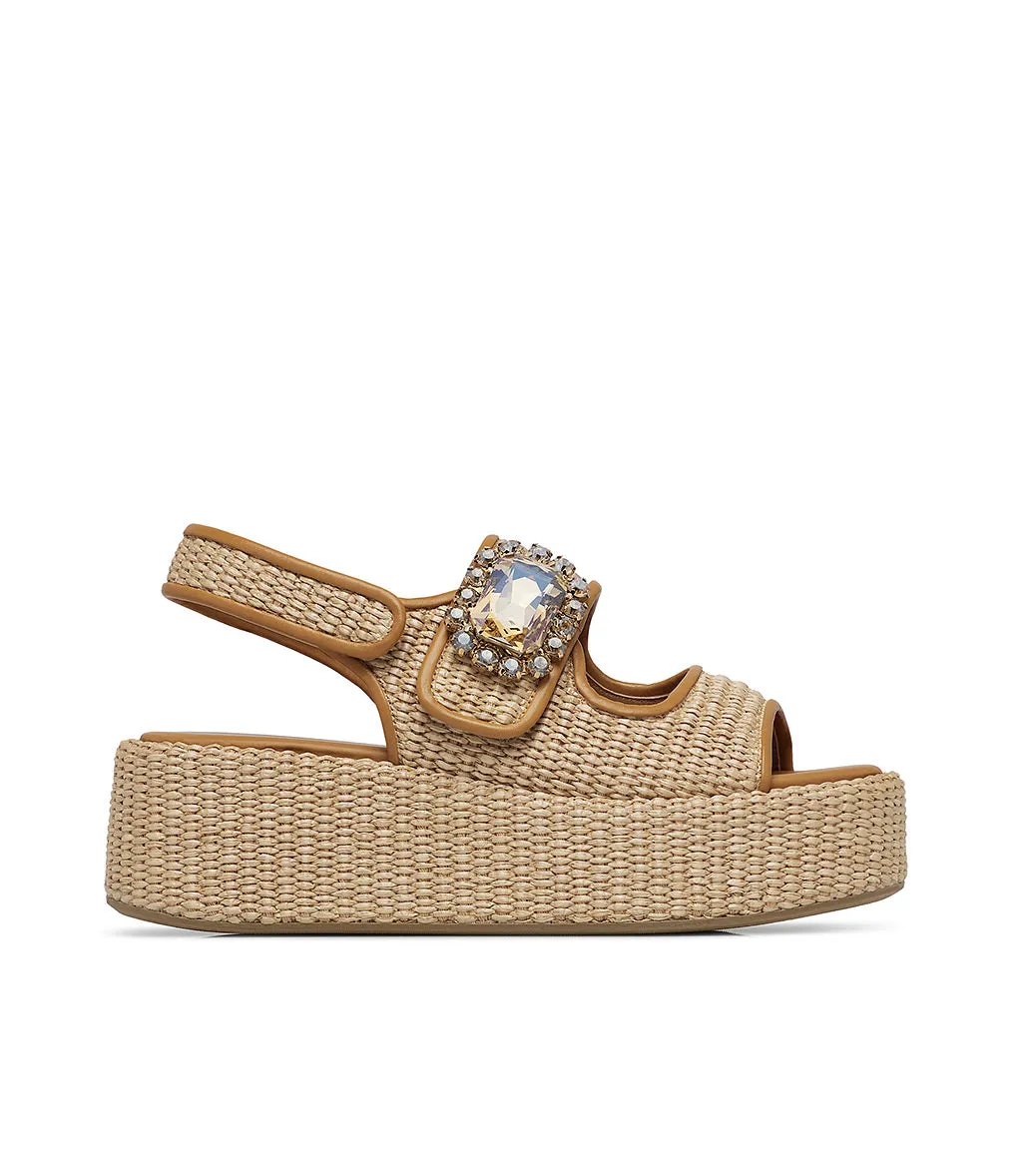 Jewel broche pumpkin nappa and raffia wedge mules