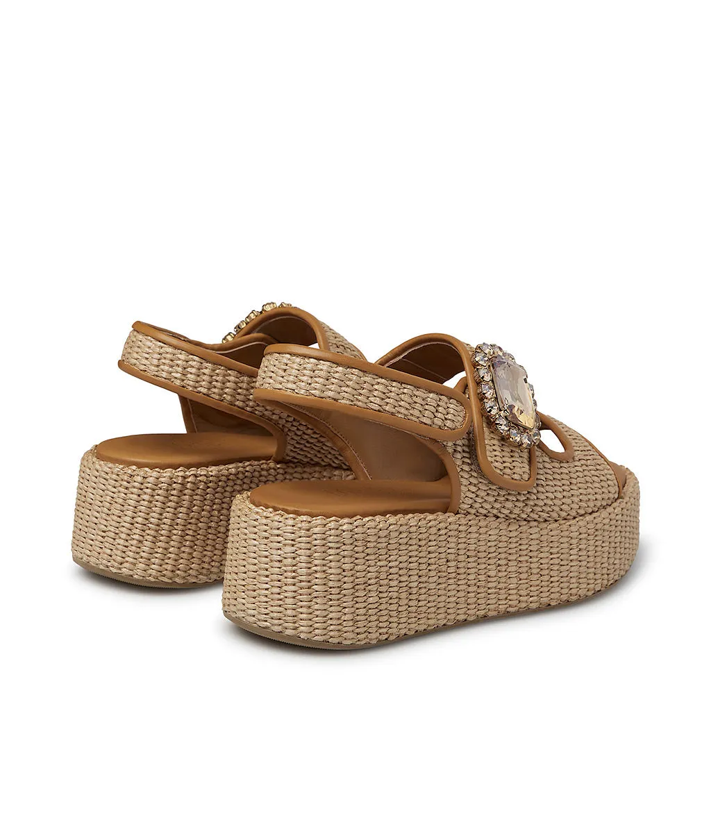 Jewel broche pumpkin nappa and raffia wedge mules