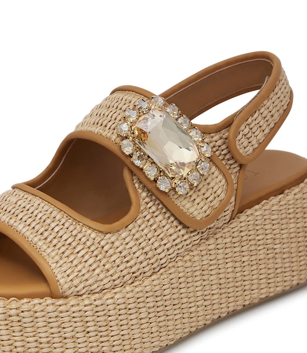Jewel broche pumpkin nappa and raffia wedge mules