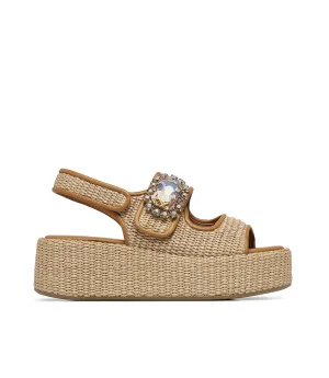 Jewel broche pumpkin nappa and raffia wedge mules
