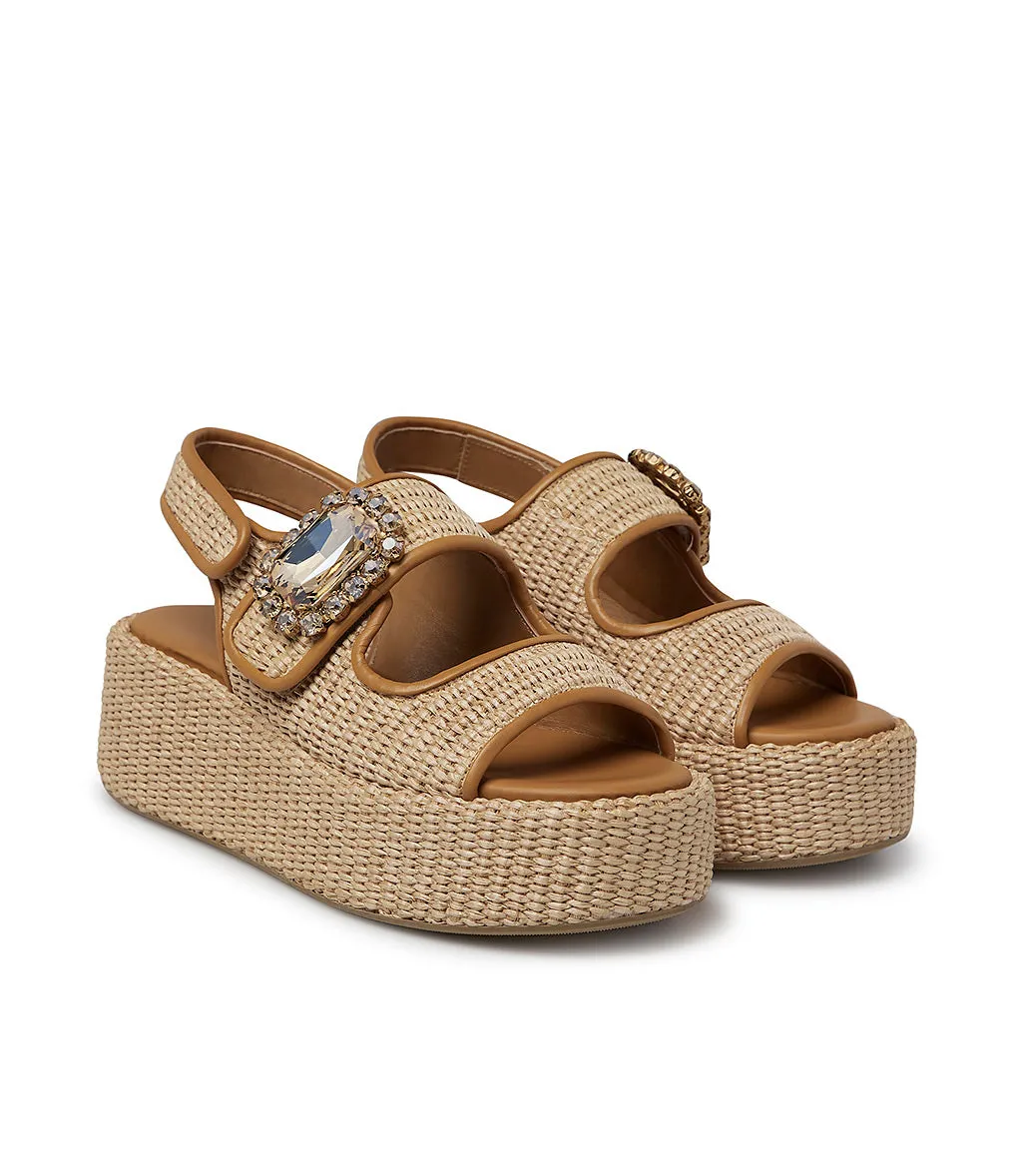 Jewel broche pumpkin nappa and raffia wedge mules