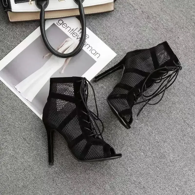 Joan Lace-Up Peep Toe Boots Stilettos Shoes