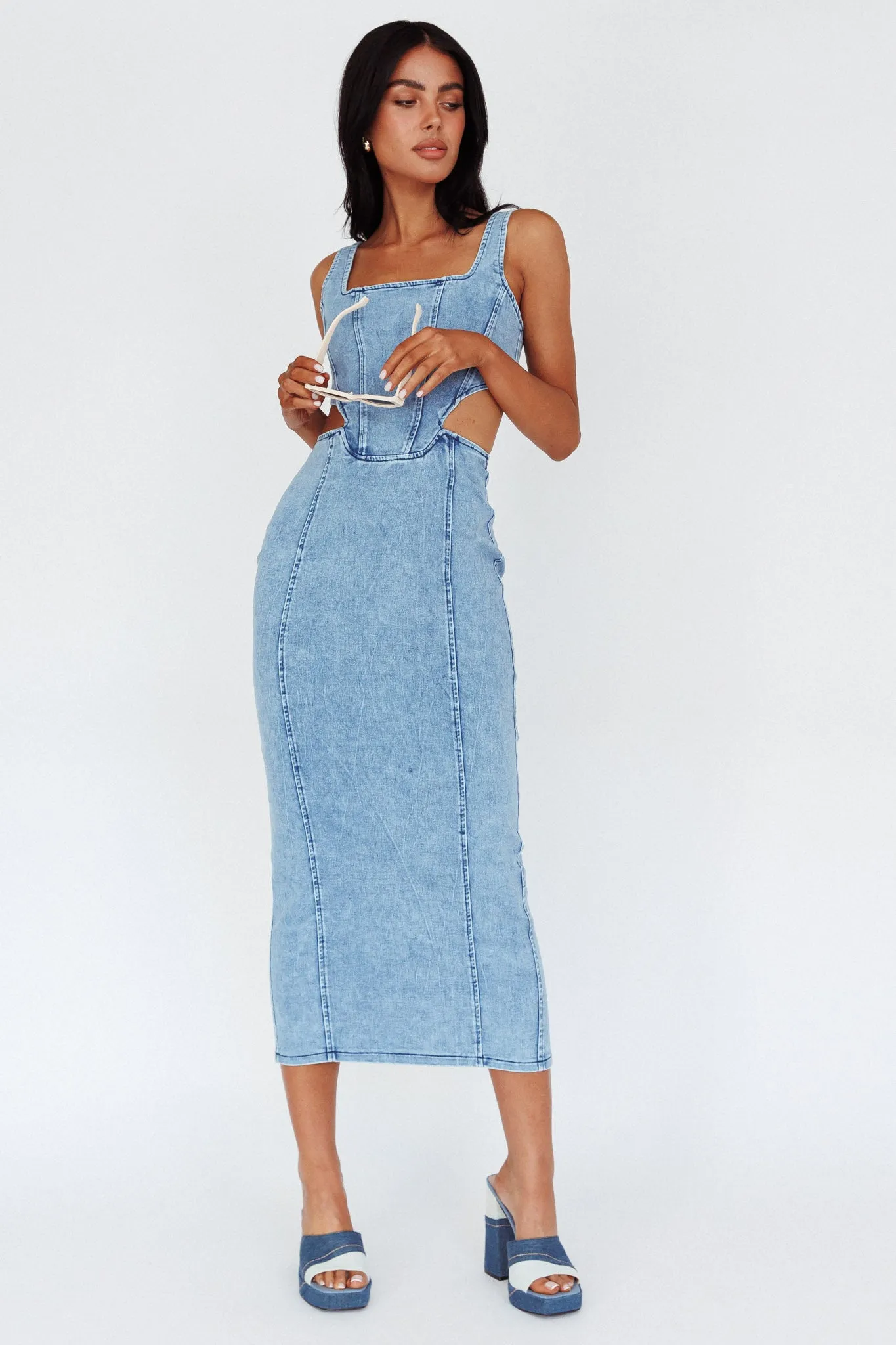 Kainani Cut-Out Waist Midi Dress Denim Blue