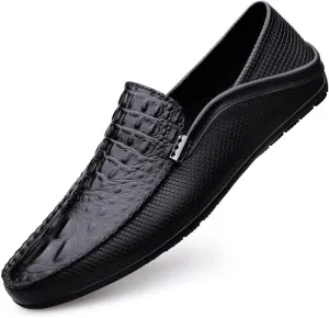 Mens Loafers Shoe Round Toe Vegan Leather Crocodile Print Lightweight Anti-Slip Flat Heel Prom Slip-ons