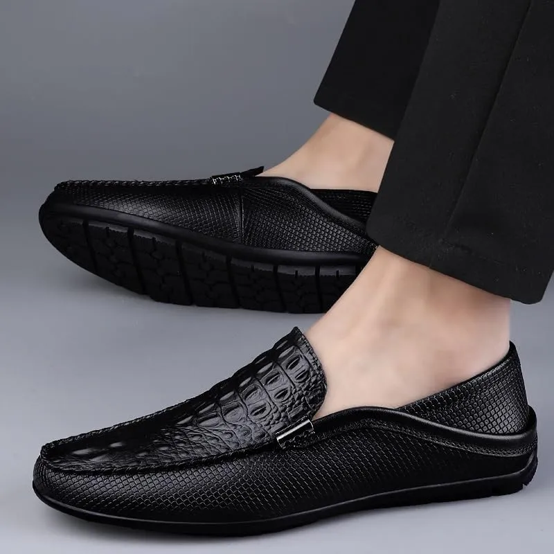 Mens Loafers Shoe Round Toe Vegan Leather Crocodile Print Lightweight Anti-Slip Flat Heel Prom Slip-ons