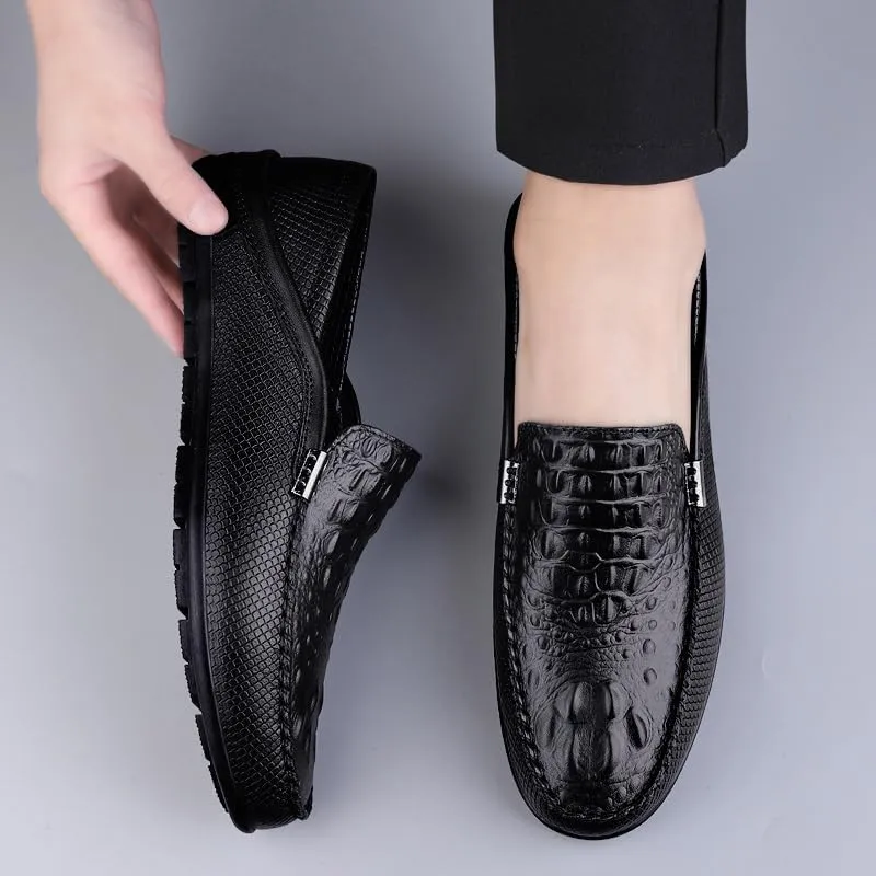Mens Loafers Shoe Round Toe Vegan Leather Crocodile Print Lightweight Anti-Slip Flat Heel Prom Slip-ons