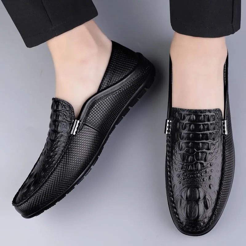 Mens Loafers Shoe Round Toe Vegan Leather Crocodile Print Lightweight Anti-Slip Flat Heel Prom Slip-ons