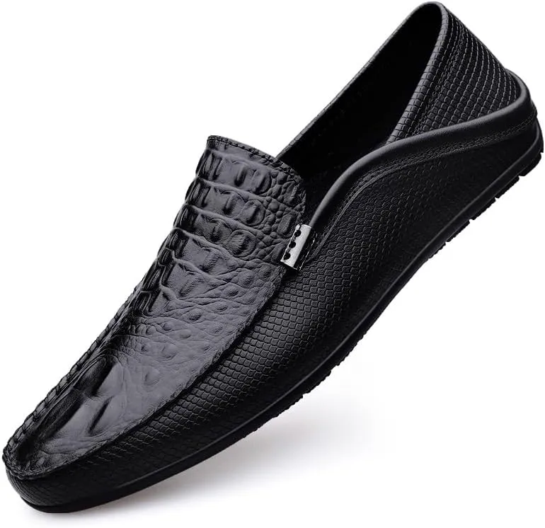 Mens Loafers Shoe Round Toe Vegan Leather Crocodile Print Lightweight Anti-Slip Flat Heel Prom Slip-ons