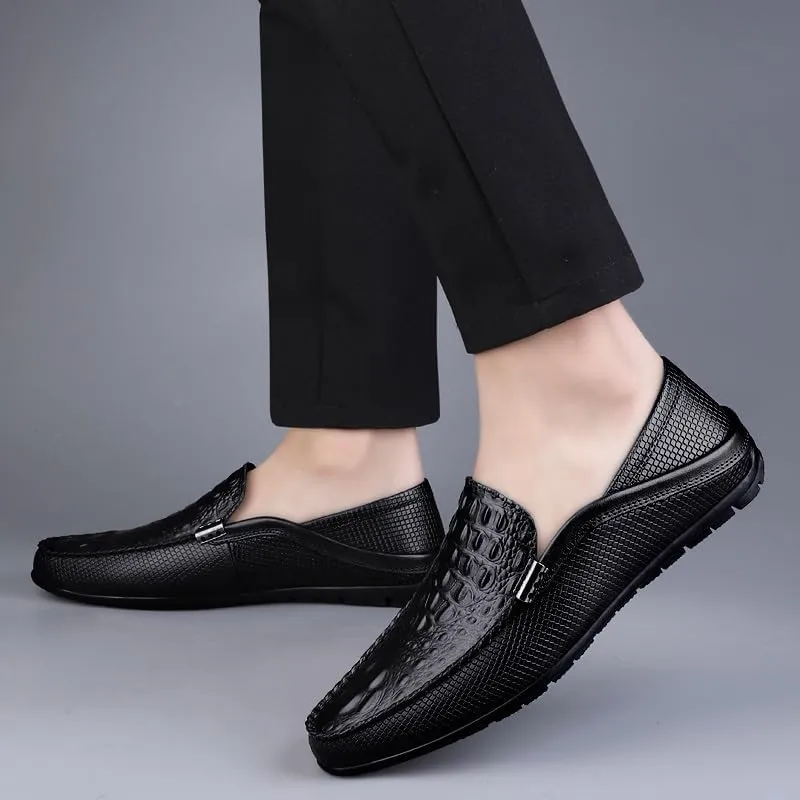 Mens Loafers Shoe Round Toe Vegan Leather Crocodile Print Lightweight Anti-Slip Flat Heel Prom Slip-ons