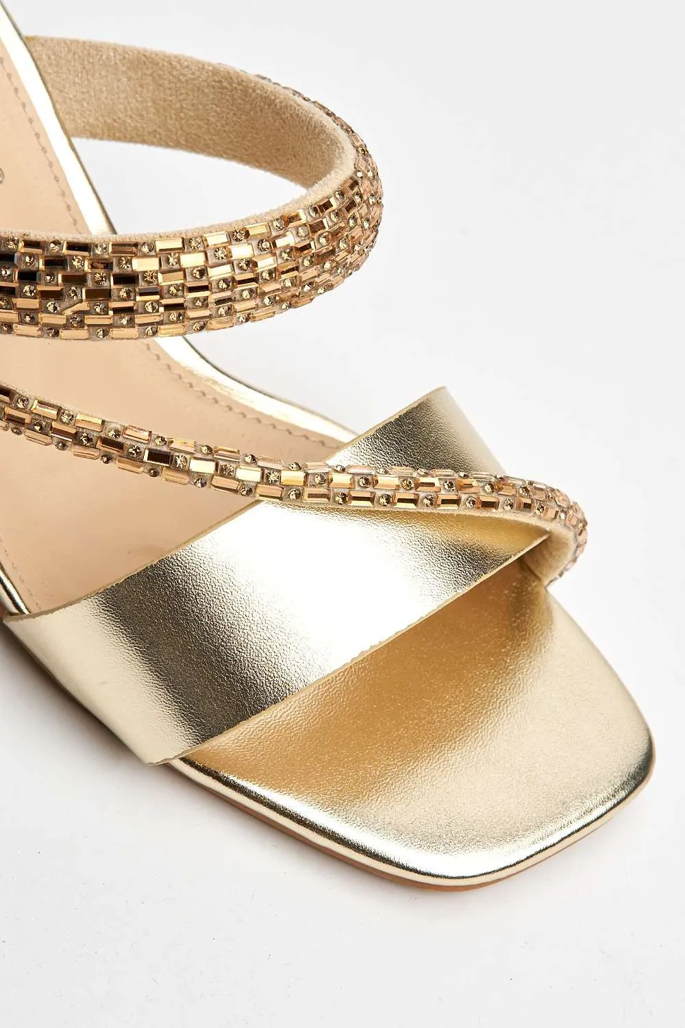 Nimra Diamante Embellished Block Heel Mules in Gold