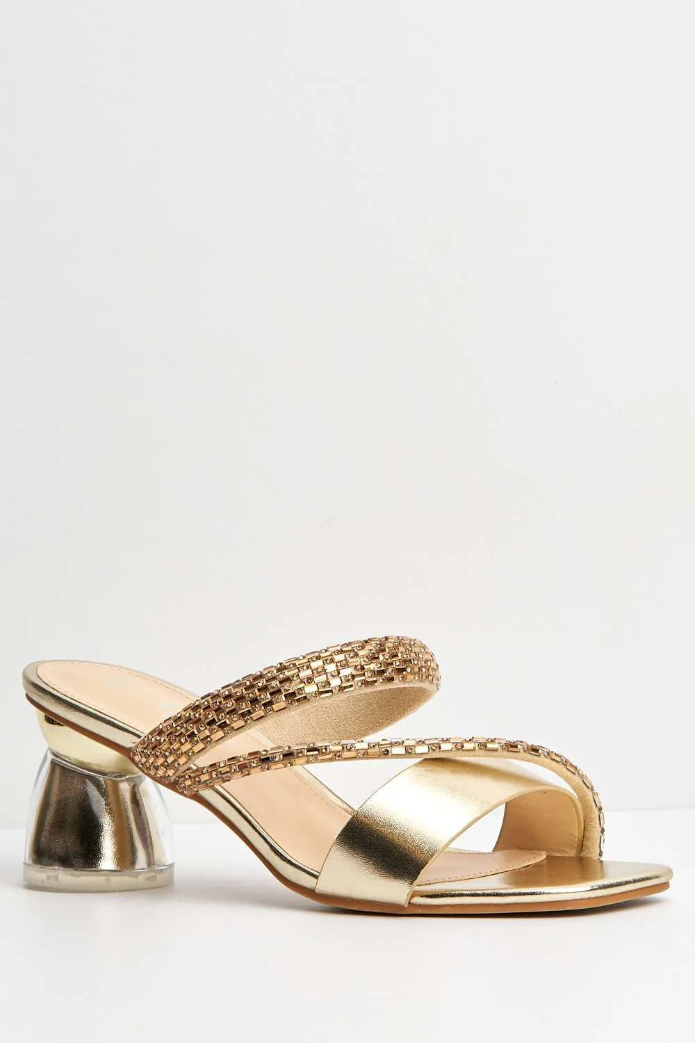 Nimra Diamante Embellished Block Heel Mules in Gold