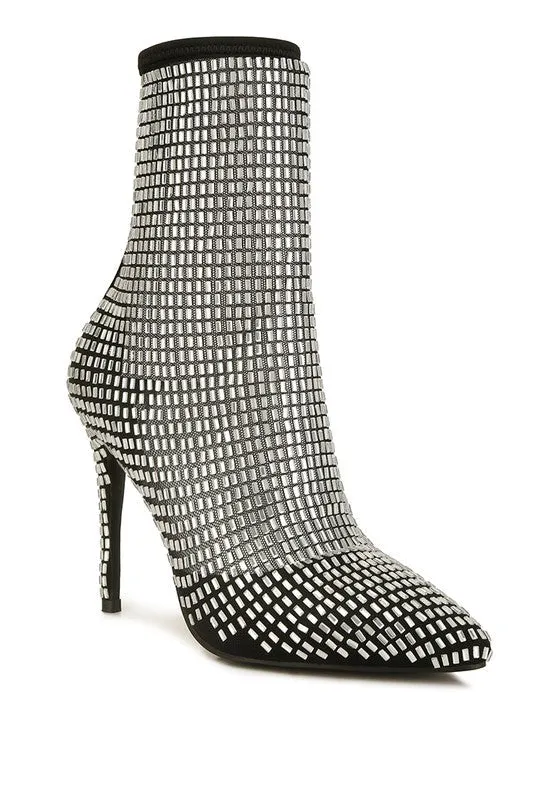 Rhinestone Embellished Black Mesh Boots