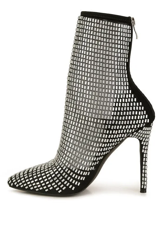 Rhinestone Embellished Black Mesh Boots