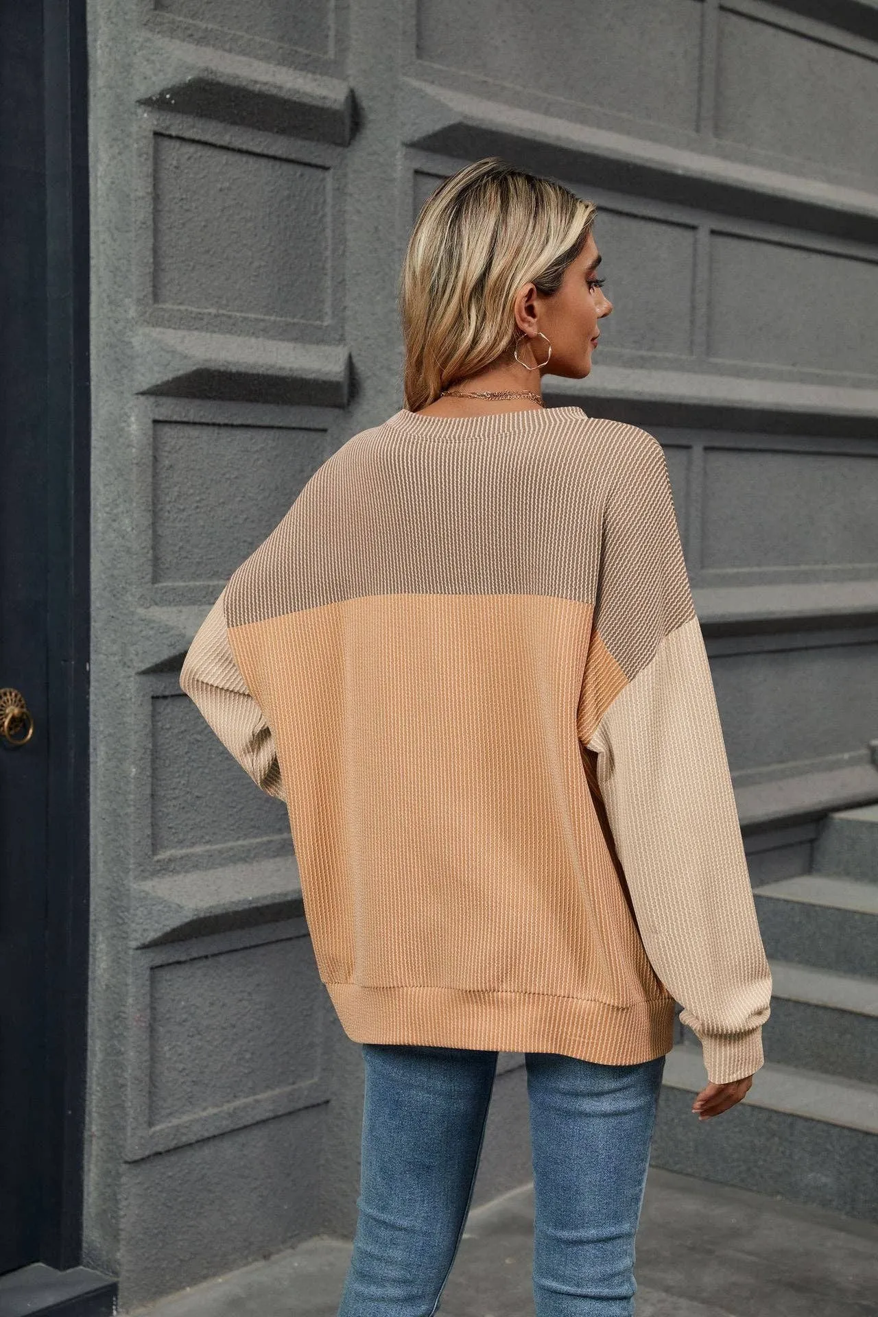 Ribbed Color Block Long Sleeve Shirt