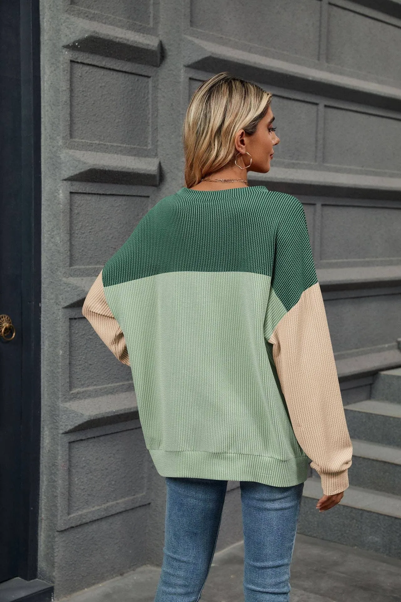 Ribbed Color Block Long Sleeve Shirt