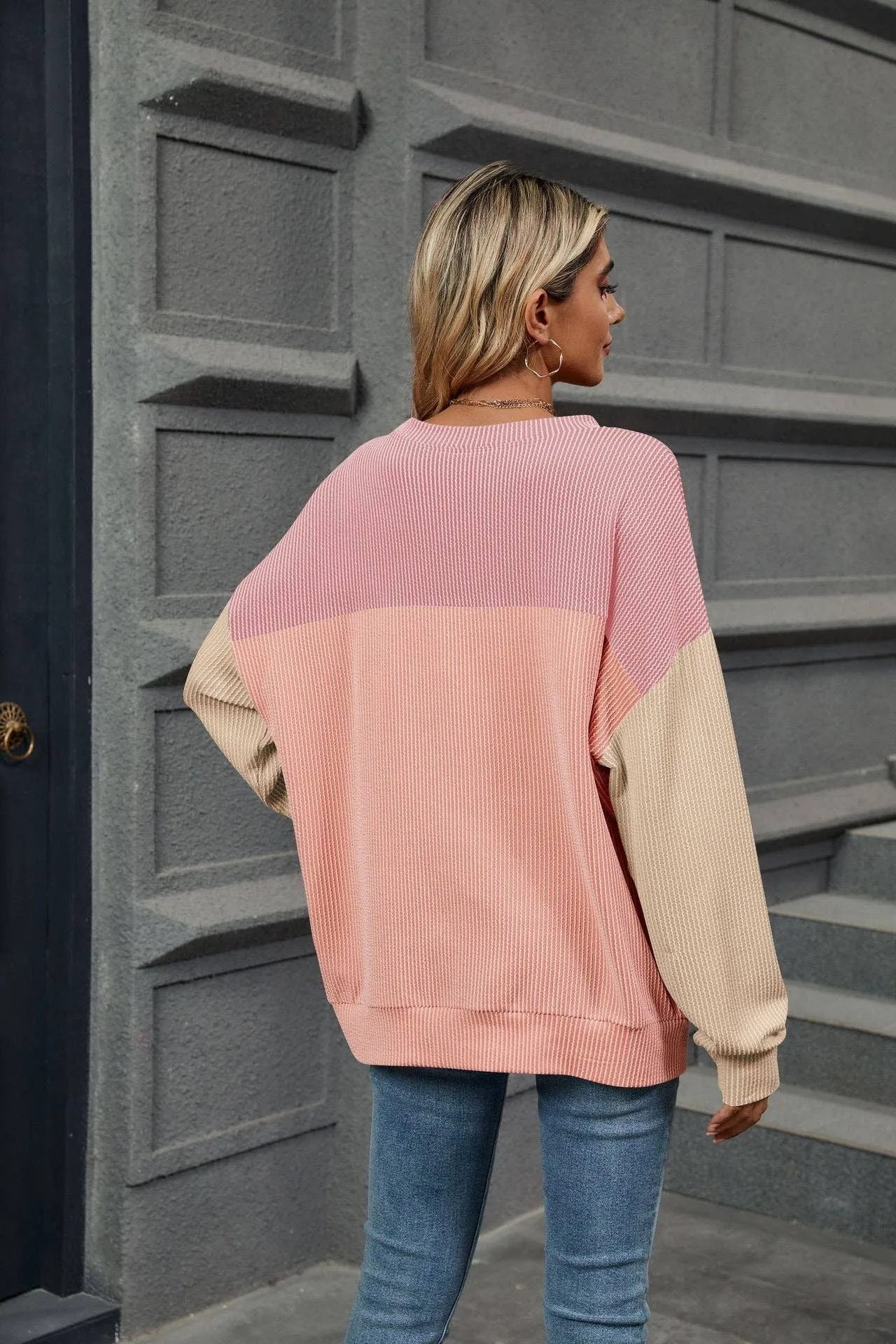 Ribbed Color Block Long Sleeve Shirt