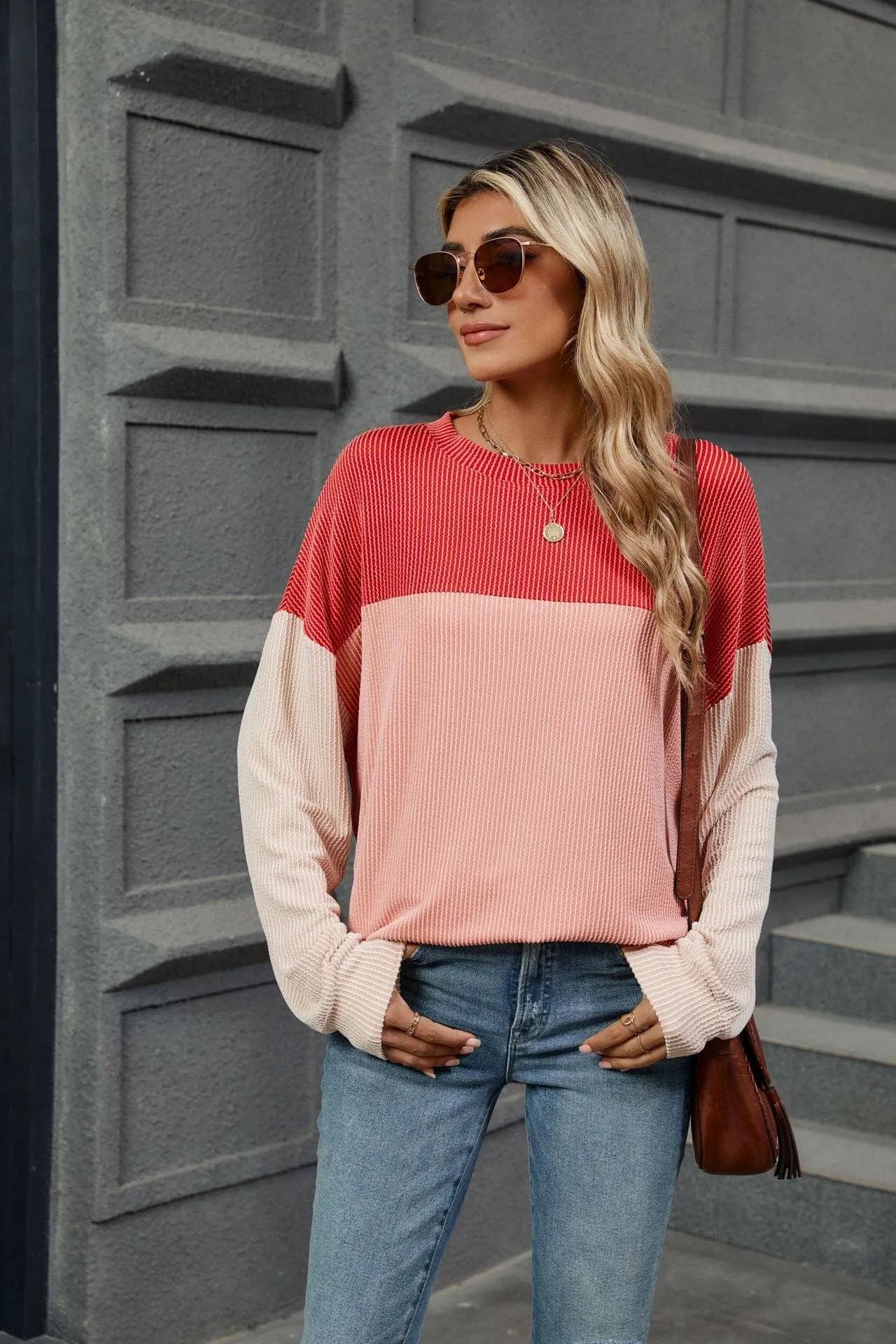 Ribbed Color Block Long Sleeve Shirt