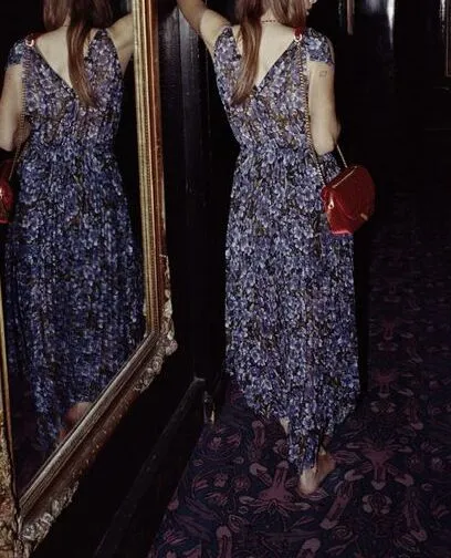 Robe longue plissée imprimé Hortensia Grimpant