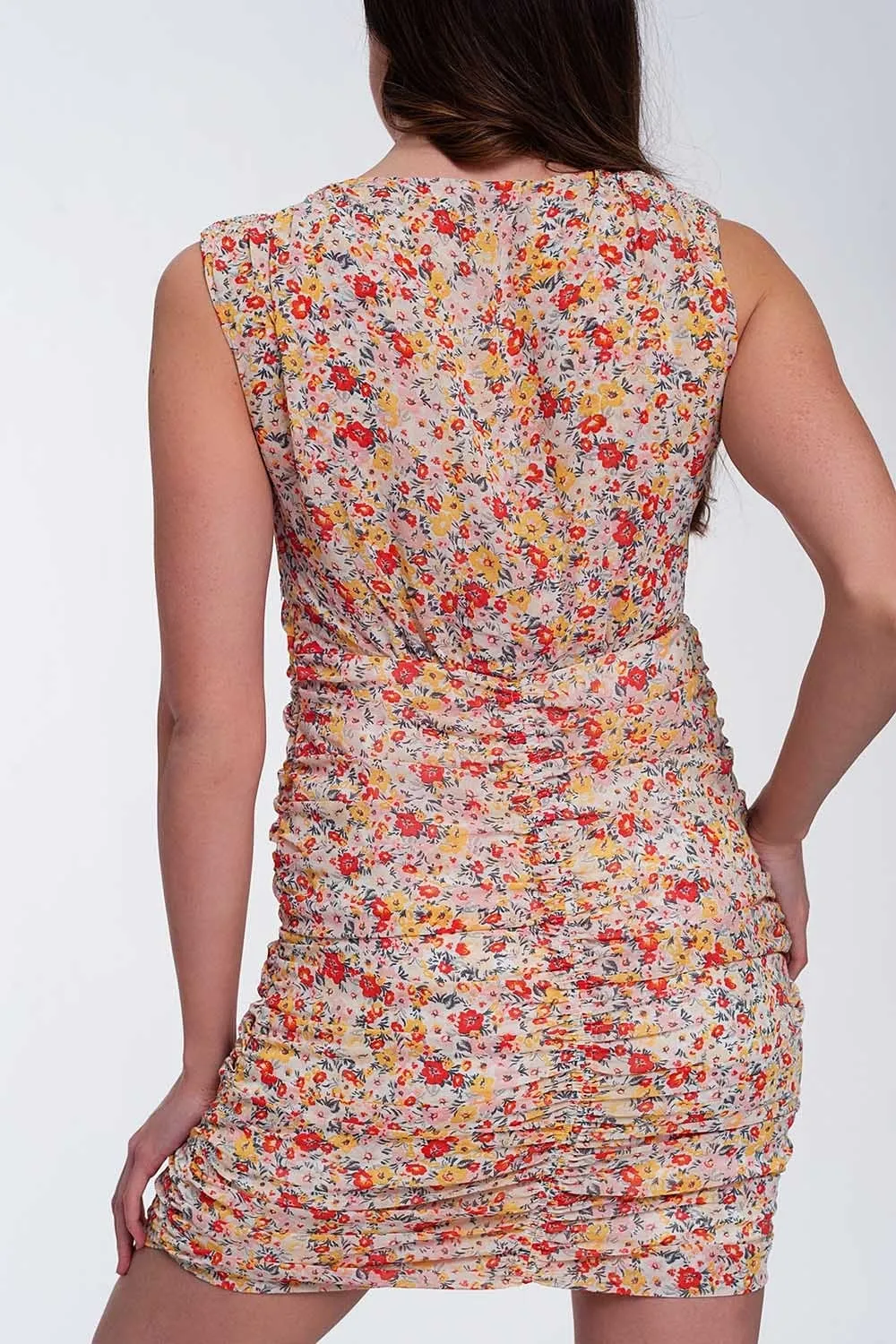 Ruched Bodycon Mini Dress In Floral Mesh Print