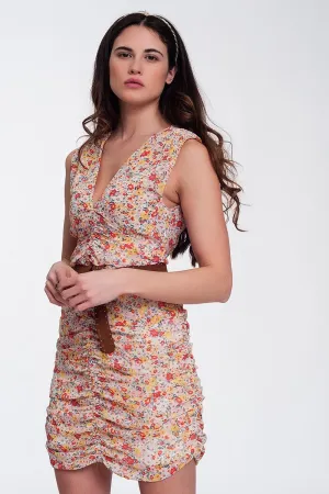 Ruched Bodycon Mini Dress In Floral Mesh Print
