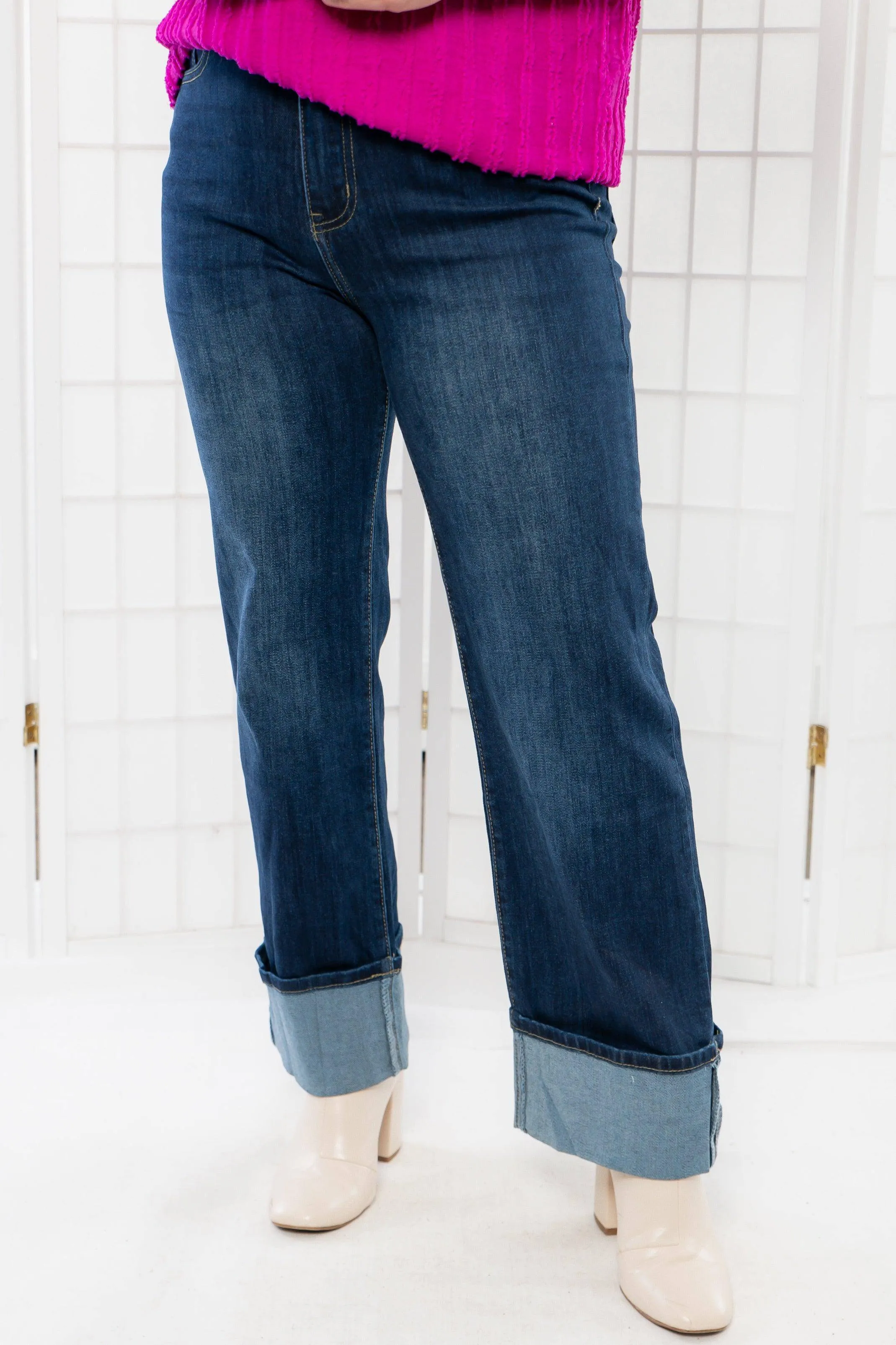 Saylor Dark Wash Straight Leg Cuffed High Rise Denim