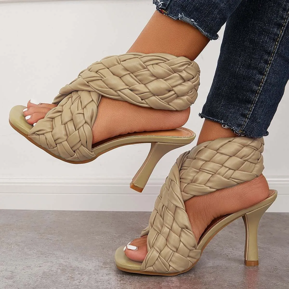 Sohiwoo Braided Woven Stilettos High Heels Criss Cross Ankle Strap Sandals