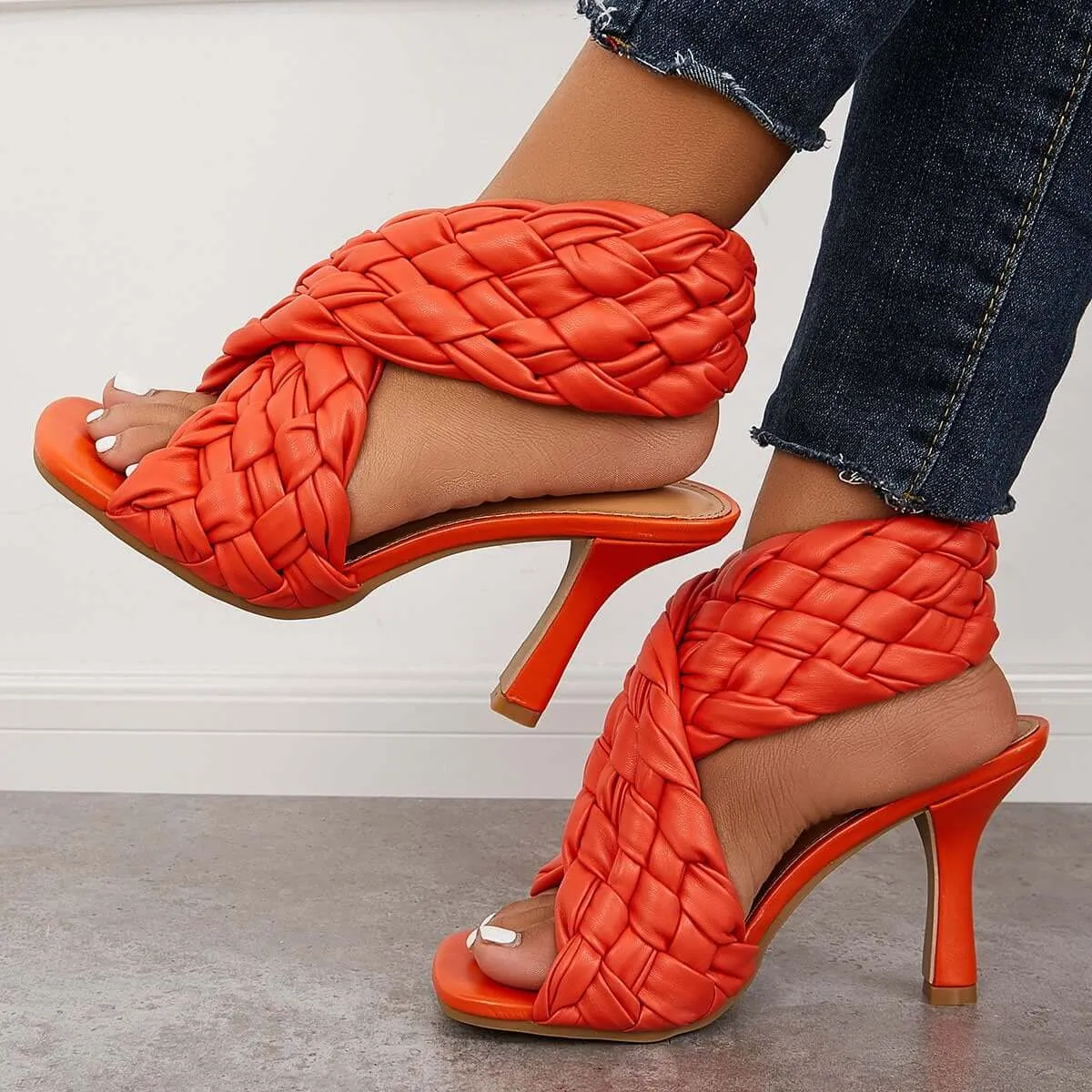 Sohiwoo Braided Woven Stilettos High Heels Criss Cross Ankle Strap Sandals