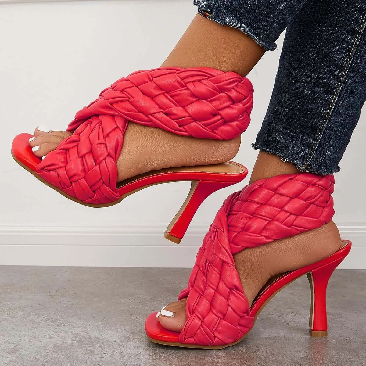Sohiwoo Braided Woven Stilettos High Heels Criss Cross Ankle Strap Sandals